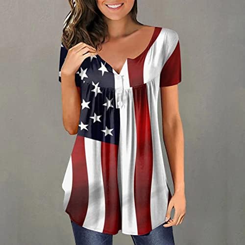 4 ביולי טוניקת חולצות לנשים אמריקאי דגל להסתיר בטן חולצה קיץ מזדמן קצר שרוול כפתור עד צווארון חולצות