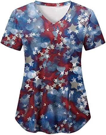 4 ביולי ארהב דגל טי חולצה לנשים קצר שרוול צווארון חולצה עם 2 כיסים חולצות חג קיץ מזדמן