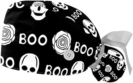 2 חתיכות גולגולת שחור ולבן כובע בופנט מגניב עם כיס קוקו כפתור, כובע כירורגי לשפשוף יוניסקס מתכוונן