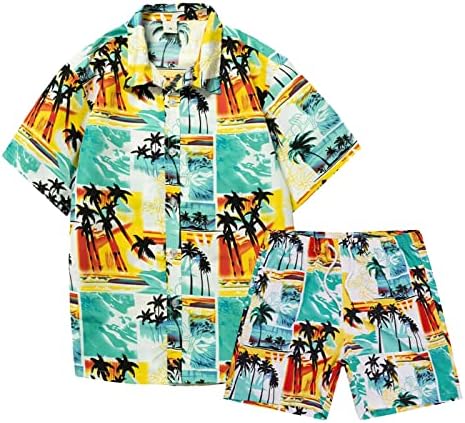 RVIDBE HAWAII תלבושות לחופשה לגברים, פשתן גברים תלבושות תלבושות 2 חלקים קרדיגן חולצה בגדי חוף וסטים קצרים