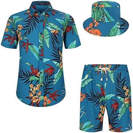 מקדר גברים של הוואי חולצה וקצר 2 חתיכה חופשה תלבושות סטים מקרית כפתור למטה חוף פרחוני חליפות עם דלי כובעים