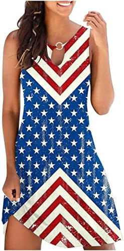 4 ביולי שמלת נשים ללא שרוולים צווארון עגול מיני קצר שמלות קיץ חלול החוצה אמריקאי דגל עצמאות יום שמלה