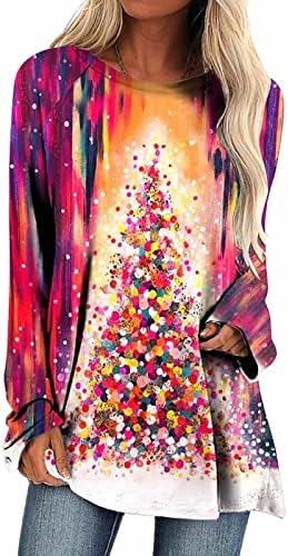 גבירותיי ארוך שרוול חולצות שיפוע עץ גרפי רגוע בכושר חולצות טיז סירת צוואר פסטיבל חג המולד עניבה לצבוע חולצות