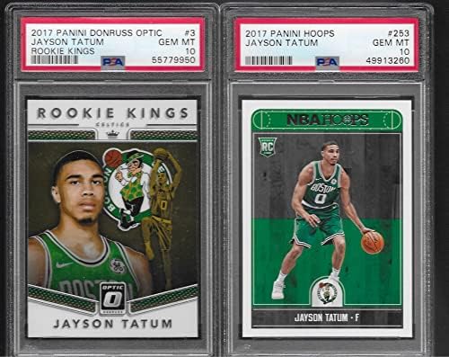 PSA 10 Jayson Tatum 2 כרטיסים טירון מגרש Panini Donruss Optic & Hoops מדורגת PSA Gem Mint 10 Celtics Superstar Player