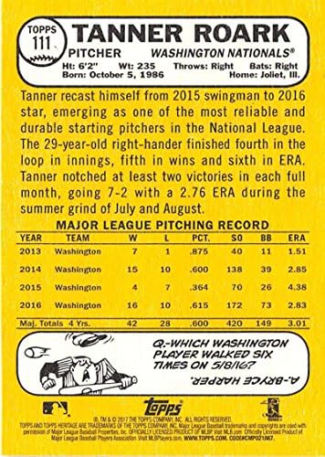 2017 Topps Heritage 111 Tanner Roark Washington Nationals כרטיס בייסבול